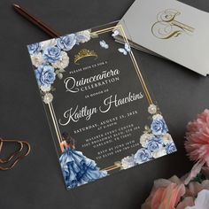 an elegant quinceauera celebration with blue flowers and gold foil on the front