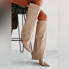 Designer Looking Boots Without Designer Looking Price. These Are Fun With The Overlay Style! Color: Beige Faux Leather Uppers Knee High Pull-On Style Twist-Lock Buckle Detail Faux Leather Overlay Hidden Ankle Zipper Pointed Toe 3.5" Block Heel Nwt True To Size Ships With Original Box. Over The Knee Boots Nude, Beige Tie Up Boots, Tan Suede Knee High Boots, Beige Leather Knee High Boots, Knee High Boots Nude, Cream High Knee Boots, Nude Long Boots, Chic Beige Knee-high Boots With Pointed Toe, Chic Beige Knee-high Boots For Fall