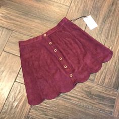 Scalloped Bottom Gold Buttons High Waisted Soft Velvet Nwt Red Mini Skirt With Button Closure, Spring Burgundy Mini Skirt, Fitted Red Skirt With Button Closure, Red Button Closure Skirt For Spring, Casual Burgundy Mini Skirt For Spring, Velvet Skirt, Kendall + Kylie, Kendall Kylie, Gold Buttons