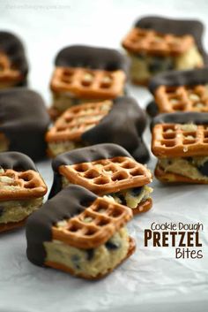 chocolate covered pretzel bites are arranged in the shape of waffles on top of each other