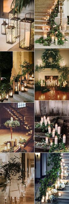 wedding decorations with candles and greenery on the stairs for an outdoor ceremony or reception