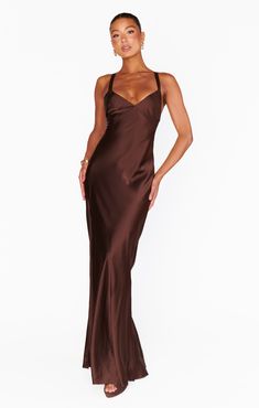 Anderson Maxi Dress ~ Chocolate Luxe Satin – Show Me Your Mumu Brown Hoco Dress Long, Satin Brown Prom Dress, Mocha Satin Bridesmaid Dress, Brown Satin Dress Jewelry, Brown Silk Bridesmaids Dresses, Mocha Prom Dress, Mocha Formal Dress, Brown Velvet Formal Dress, Chocolate Maxi Dress