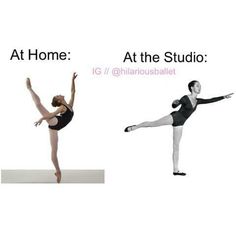 two ballet dancers in black and white outfits, one is doing the splits with her leg