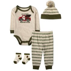 Celebrate your babys first Christmas this year with this adorable and fun Long Sleeve Embroidered My First Christmas Pickup Truck Romper with Matching Pom Pom Hat, Jogger Pants and Socks Set! Great for celebrating the holiday with friends and family at dinner, gatherings and around the tree this holiday season, this long sleeve jogger pant set will keep your baby looking cute, feeling warm and comfortable in the matching socks and pom pom beanie hat it contains! Fun for taking photos also with f Green Cotton Winter Sets, Green Cotton Christmas Sets, Green Holiday Sets For Winter Season, Green Holiday Sets For Winter, Green Winter Holiday Sets, Winter Holiday Cotton Bottoms, Festive Cotton Sets For Winter, Cotton Festive Winter Sets, Festive Winter Cotton Sets