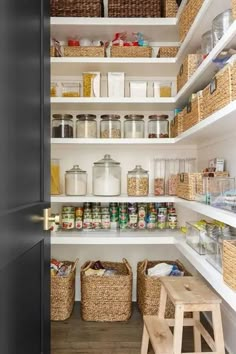 an organized pantry with baskets and food items