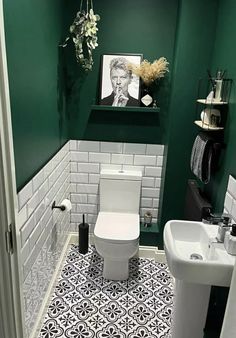 small cloakroom given a luxe makeover using frenchic paint in the shade victory lane and blackjack Quirky Cloakroom Toilet Ideas, Cloakroom Tiles Downstairs Toilet, Metro Bathroom Tiles, Small Wc Ideas, Small Green Bathroom Ideas, Black And Green Bathroom, Understairs Bathroom, Green Small Bathrooms, White Metro Tiles