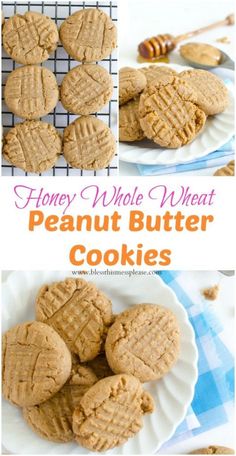 honey whole wheat peanut butter cookies on a white plate and in the background is an orange text overlay