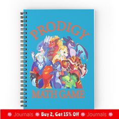 a spiral notebook with an image of various cartoon characters on it and the text prodigy math game