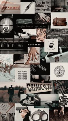 a collage of photos with different types of objects and words on them, including letters