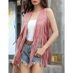 Material: This fringed vest is made of high quality fabric, which is soft and durable. When you receive the sleeveless tank top, run your fingers through your bangs to keep them straight Trendy Fitted Pink Vest, Retro Fitted Summer Vest, Retro Fitted Vest For Summer, Trendy Summer Fringe Outerwear, Trendy Summer Outerwear With Fringe, Vintage Spring Vest Outerwear, Hippie Style Fitted Sleeveless Vest, Retro Spring Vest, Retro Sleeveless Spring Vest