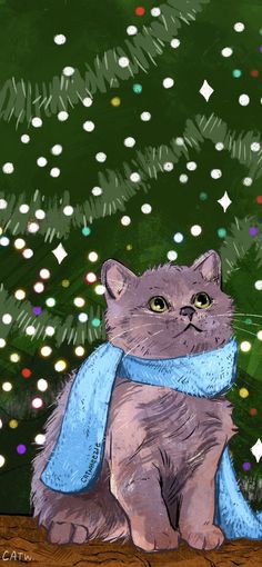 a painting of a cat wearing a blue scarf sitting in front of a christmas tree