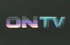 an old tv logo with the word on it's backlited in blue and pink