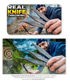 two business cards for real knife throwing, with an image of a man holding scissors