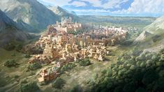 an artist's rendering of a city in the middle of a mountainous area with mountains