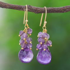 Accented with shimmering gold a cluster of purple gemstones sparkle on Arshad Ullah's dangle earrings. Thai artisans thread the gems by hand suspending a large faceted amethyst from a cluster of petite amethyst stones. 18k gold-plated sterling silver hooks give the pair a luxe appearance. Purple Amethyst Jewelry With Dangling Beads, Gold Cluster Jewelry With Gemstone Accents, Purple Gemstone Accented Dangle Earrings, Purple Dangle Earrings With Gemstone Accents, Purple Gemstone Dangle Earrings, Purple Drop Chandelier Earrings As Gift, Purple Teardrop Jewelry With Dangling Beads, Purple Amethyst Earrings With Dangling Beads, Purple Wire Wrapped Chandelier Drop Earrings