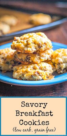 savory breakfast cookies on a blue plate with the words savory breakfast cookies low carb, grain free