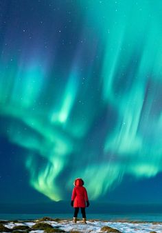 a person standing in the snow looking at an aurora bore