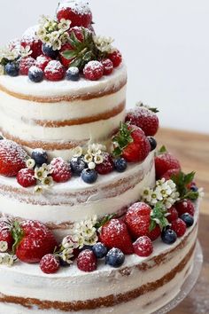 a three tiered cake with berries and blueberries on top is featured in an instagram