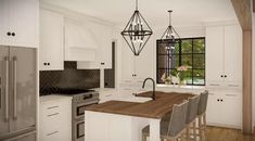 a kitchen with white cabinets and wooden counter tops, an island in the middle is surrounded by stools