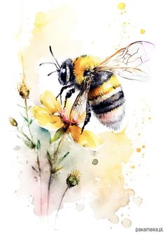 a painting of a bee sitting on top of a yellow flower with watercolor spots