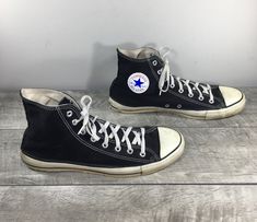 "Up on ETSY for buy is a pair of good condition, Vintage CONVERSE Chucks All Star Black Canvas High Top Men's Shoes Sneakers Kicks. Made in USA. Size marked on bottom outsole is \"12\". Canvas lined. Brown rubber soles. From smoke-free home. Clean inside and out. Approximate Outside Dimensions: 12.75 inches heel to toe by 4.25 inches across the ball of footwear. Sold as is gently used.  Please check out the pictures. If you need more pictures or information regarding the item, please send them t All Star Black, Converse Chucks, Top Shoes For Men, Vintage Converse, Digital Closet, Star Black, Converse All Star, Black Canvas, Shoes Trainers