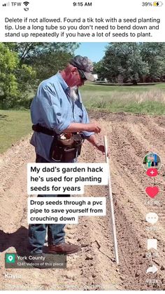 an old man is digging in the dirt with a shovel and some stickers on it