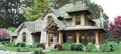 this is an artist's rendering of a house in the country style with stone and wood accents