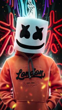 a person wearing a marshmallow hoodie with neon lights in the back ground