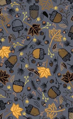 an image of autumn leaves and acorns on a blue background for wallpaper