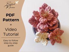 crocheted flowers in a bowl with text overlay that reads, free pattern and video guide