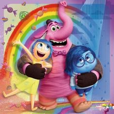 the smurfs are standing in front of a rainbow