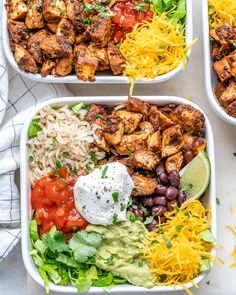 three white bowls filled with different types of mexican food and garnished with cilantro