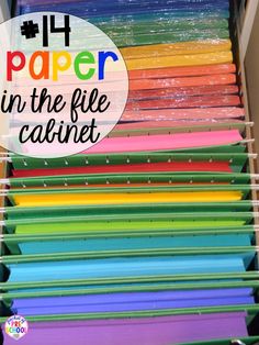 a stack of colored papers with text overlay that reads 11 paper in the file cabinet