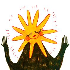 a child's drawing of a yellow sun on top of a black mountain with hands in the air