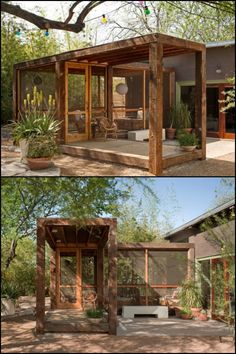 two pictures of the inside and outside of a house with wood sidings, windows, and doors