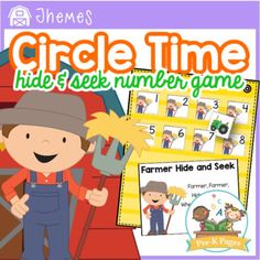 an image of a farmer themed game with the title circle time hide and seek number game