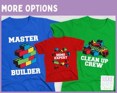 three t - shirts with the words, more options on them and an image of a building block