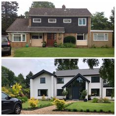 before and after photos of a house with black shingles