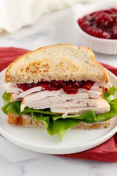 a turkey sandwich with cranberry sauce on a white plate