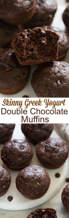 double chocolate cookies are on a plate with the words skinnyy greek yogurt