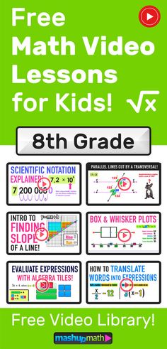 a poster with the words free math video lessons for kids v5, 8th grade