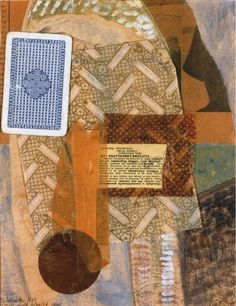 an abstract painting with a playing card and other items on it, including paper tags