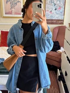 Outfits With Jean Button Up Shirt, Mid Size Graduation Outfit, Saturday Farmers Market Outfit, Black Skirt Outfit Spring Casual, Petite Midsize Fall Outfits, Vintage Jean Shirt Outfit, Mountain Weekend Outfit Summer, Philly Outfits Spring, Classy Artsy Style