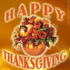 a happy thanksgiving card with flowers and pumpkins in a gold vase on an orange background