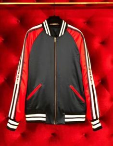 Gucci Jacket, Satin Jackets, New T, Black Shorts, Swim Shorts, Size Clothing, Motorcycle Jacket, New Arrivals, Black And Red