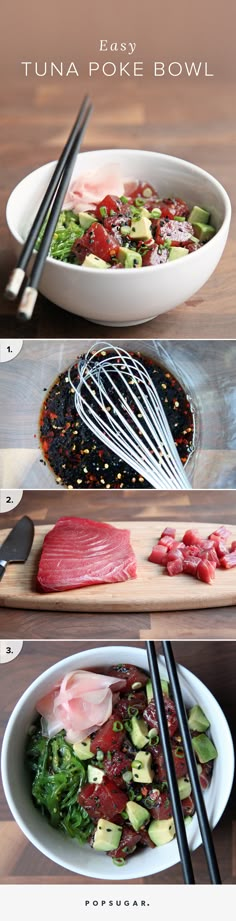 three pictures showing different types of food in bowls and on the same plate with chopsticks