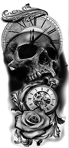 a black and white photo of a skull with a clock on it's side