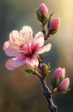 pink flowers are blooming on a tree branch