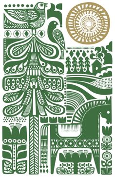 a green and gold art print with an animal, tree, and sun in the background