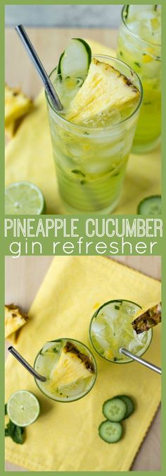 pineapple cucumber gin refresher recipe in glasses with lime slices on the side